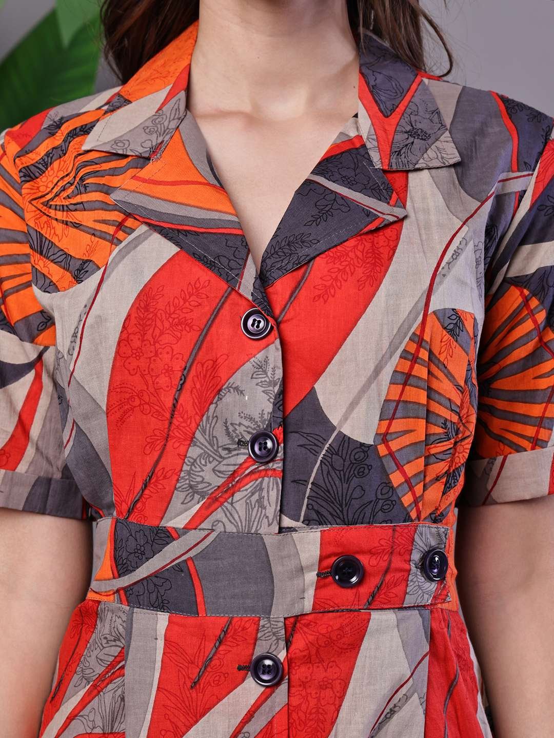 Women's Leaf Print Button-Down Cotton Midi Dress - Image 5