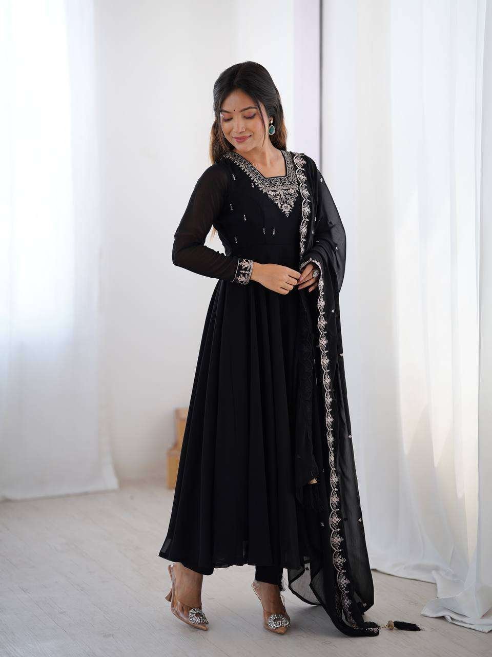 Womens Fox Georgette Anarkali Kurti with Pant & Dupatta Set
